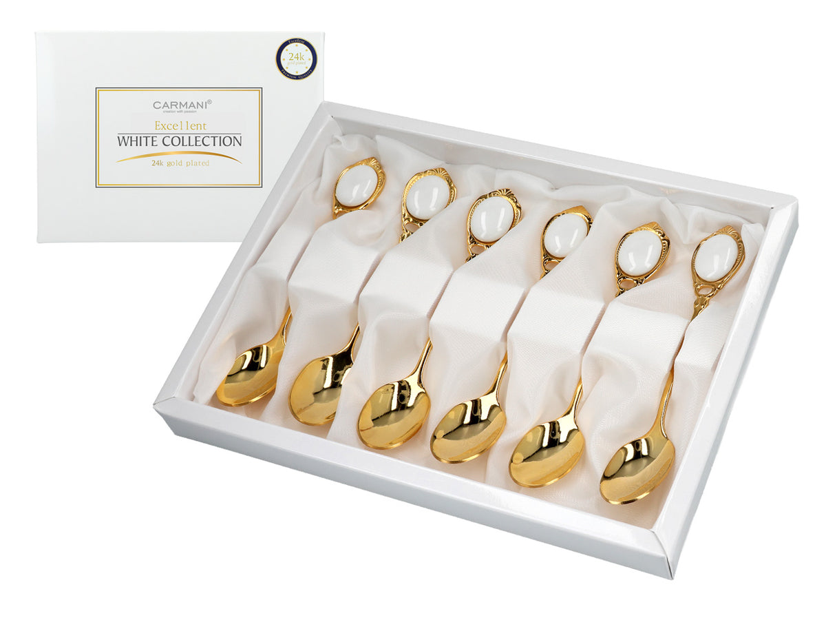 Set med 6 teskedar guldförgyllda i 24K guld, Vita ögon CARMANI, med möjlighet till personlig gravyr - elegant present för alla tillfällen, mått 13 cm