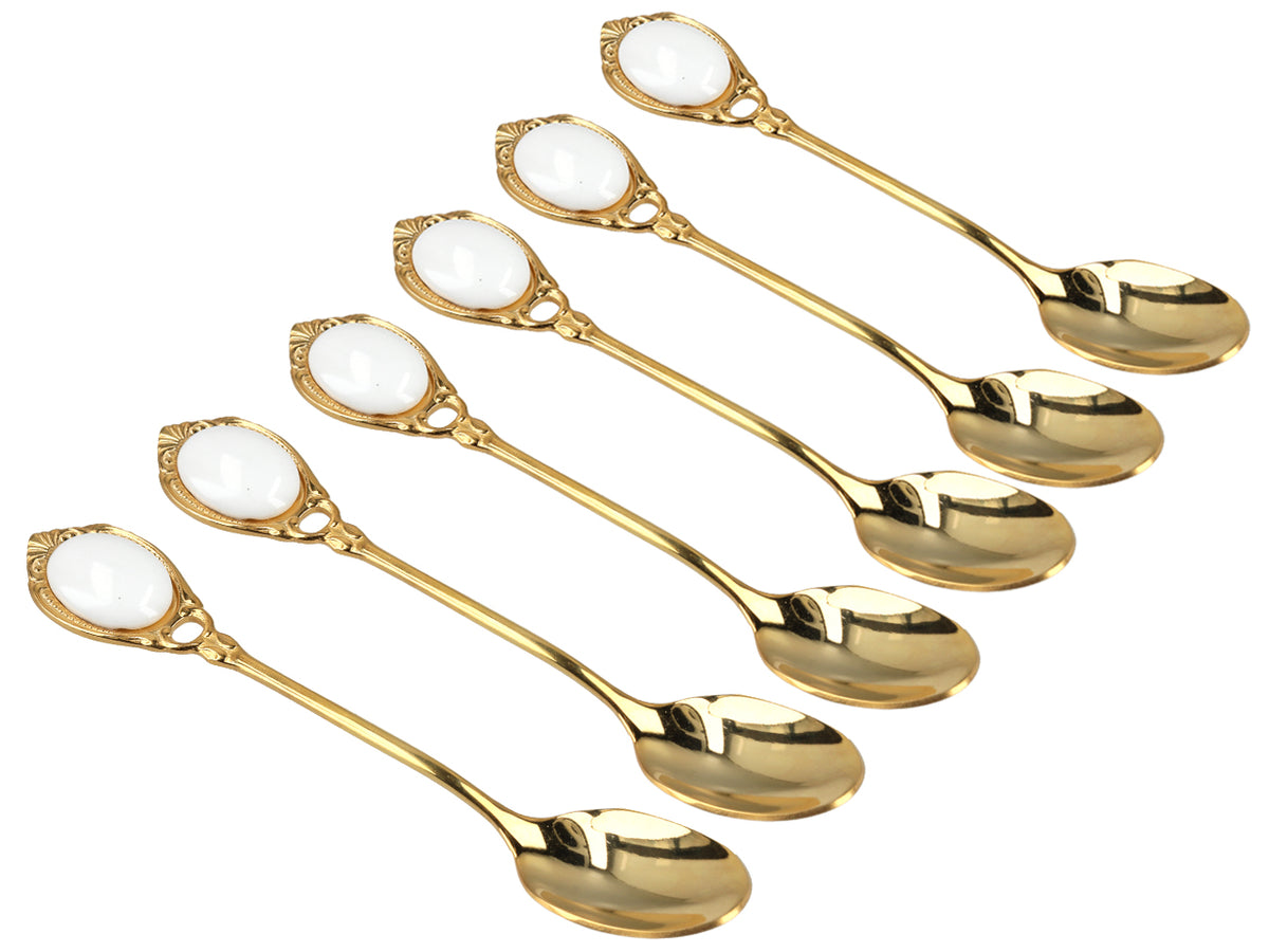 Set med 6 teskedar guldförgyllda i 24K guld, Vita ögon CARMANI, med möjlighet till personlig gravyr - elegant present för alla tillfällen, mått 13 cm