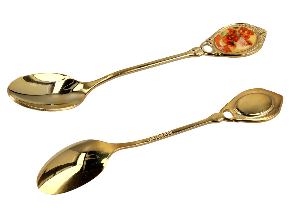 Set med 6 gyllene skedar med motiv av Vincent van Goghs solrosor