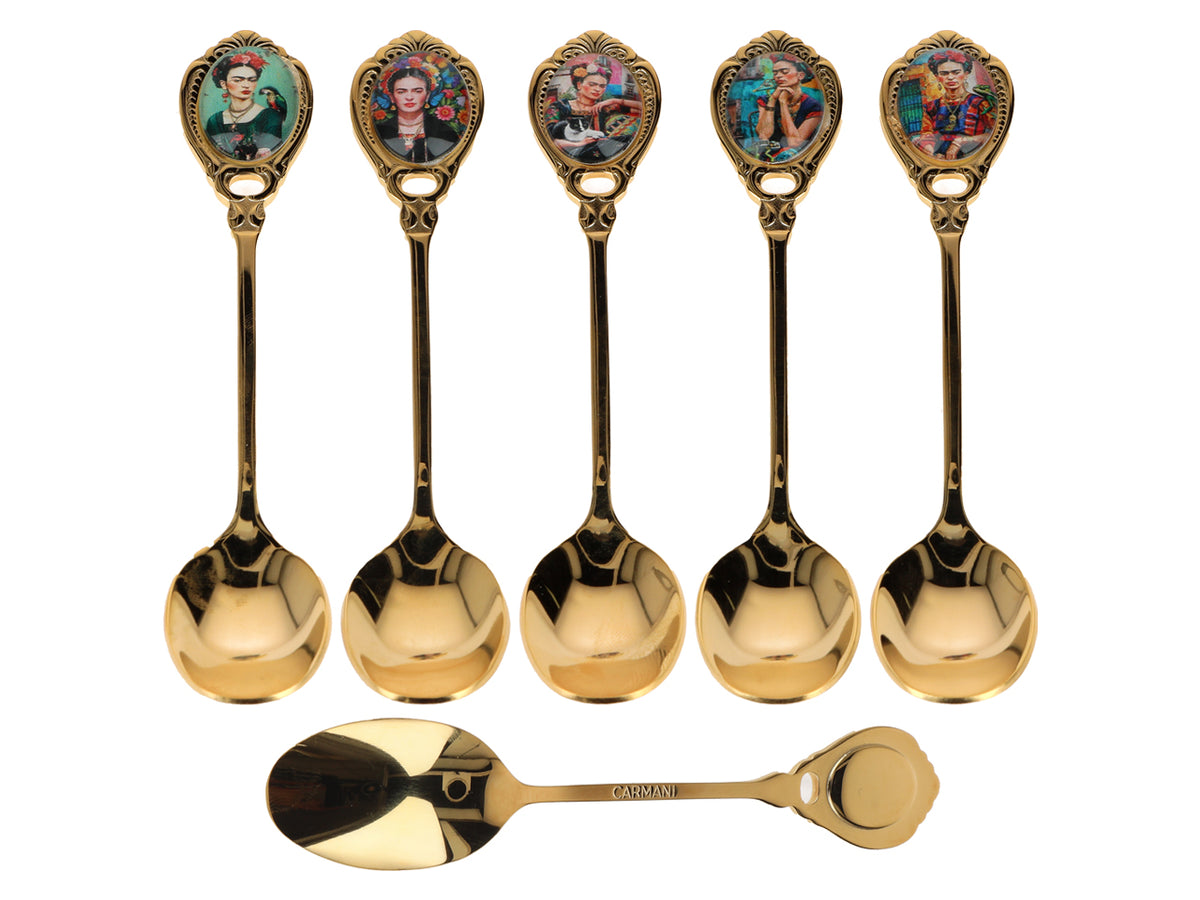 Set med 6 skedar belagda med 24K guld, F. Kahlo, med möjlighet till personlig gravyr - eleganta bestick som present, 13 cm, CARMANI