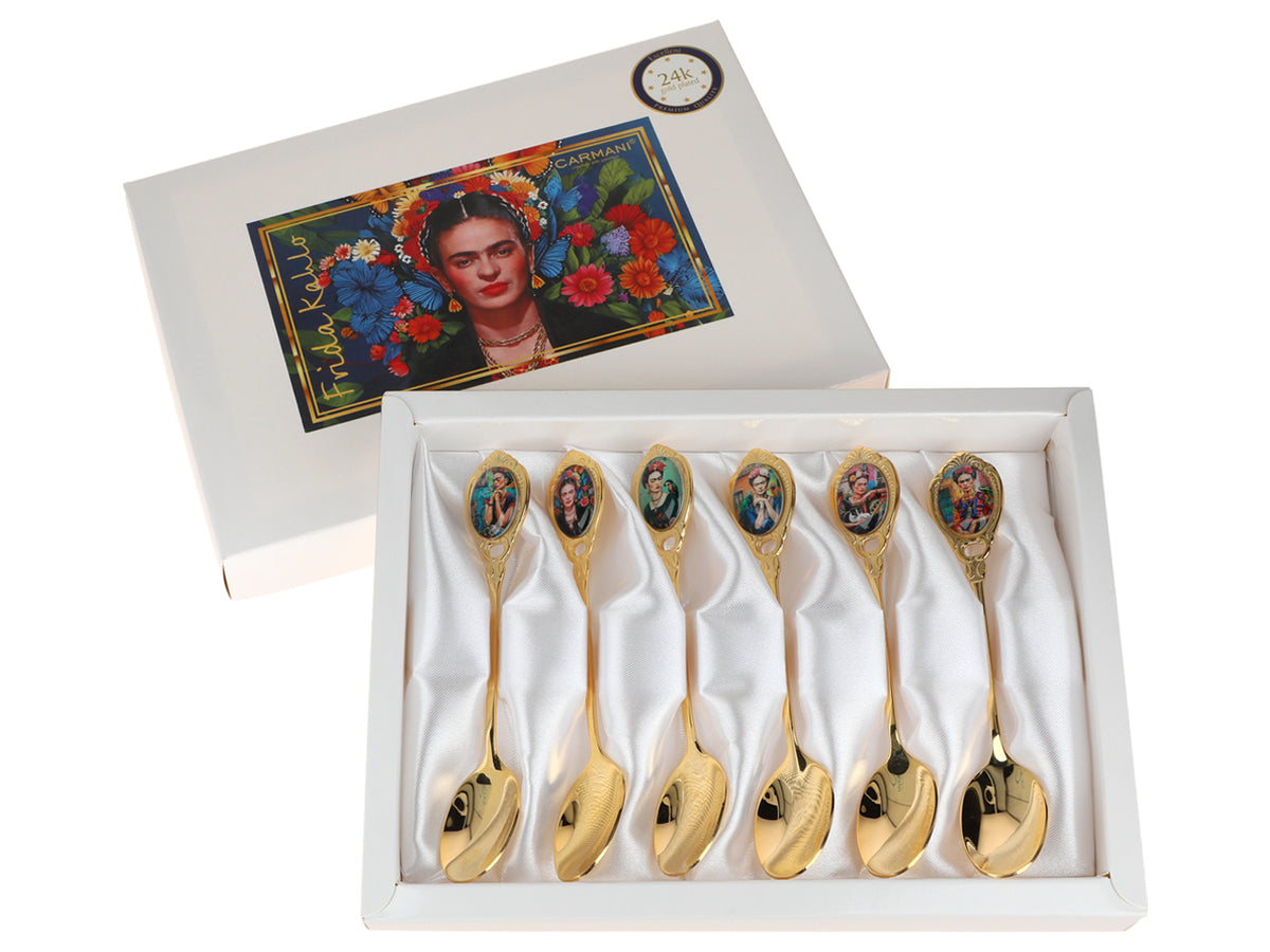 Set med 6 skedar belagda med 24K guld, F. Kahlo, med möjlighet till personlig gravyr - eleganta bestick som present, 13 cm, CARMANI