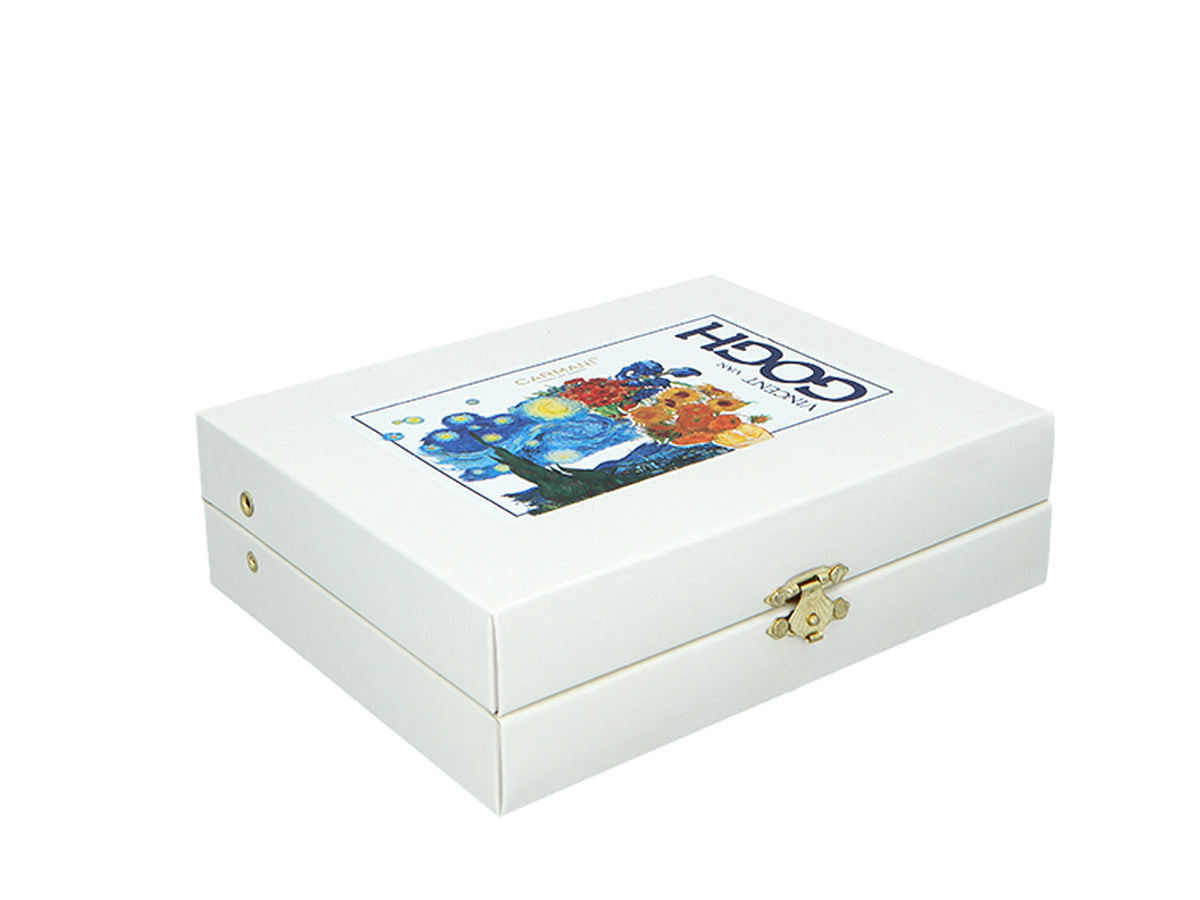 Set med 6 skedar belagda med 24K guld och 1 sockersked - V. van Gogh, blandade motiv, möjlighet till personlig gravyr, elegant presentförpackning, mått 13 cm