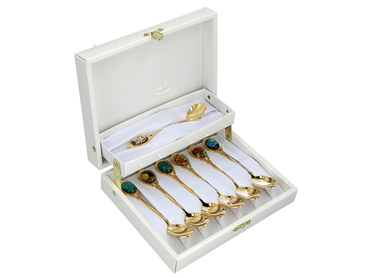 Set med 6 skedar belagda med 24K guld och 1 sockersked - V. van Gogh, blandade motiv, möjlighet till personlig gravyr, elegant presentförpackning, mått 13 cm