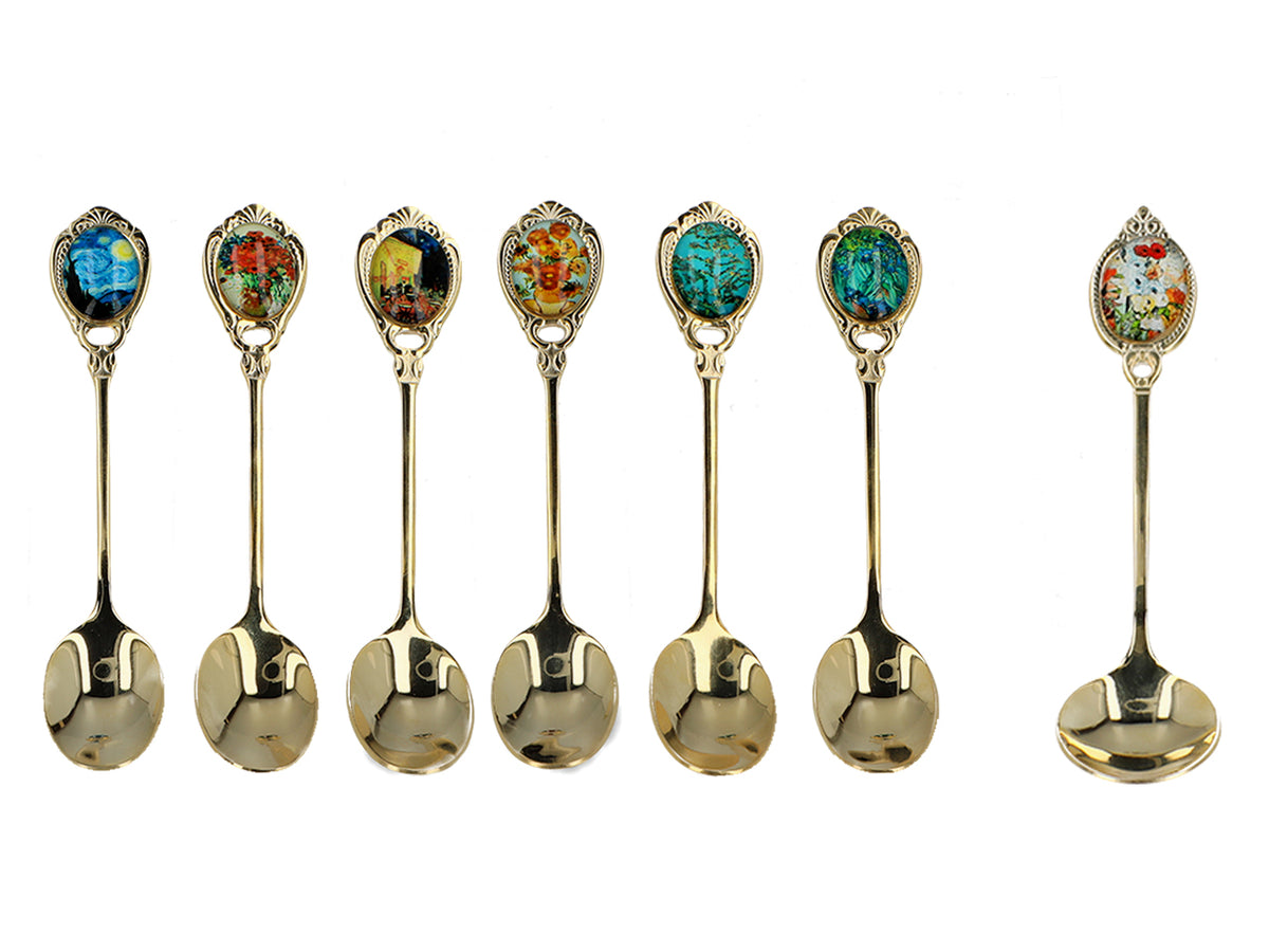 Set med 6 skedar belagda med 24K guld och 1 sockersked - V. van Gogh, blandade motiv, möjlighet till personlig gravyr, elegant presentförpackning, mått 13 cm