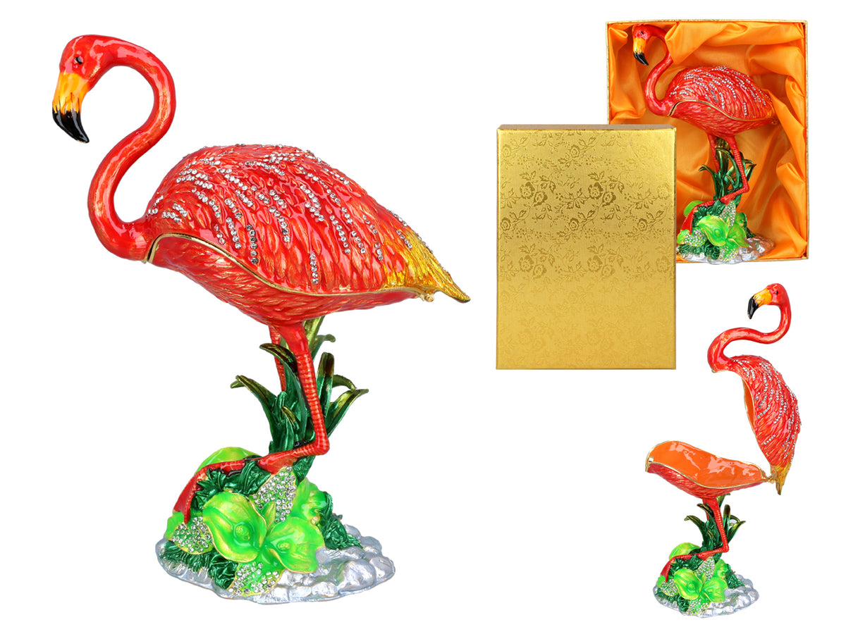 Metallask med flamingomotiv, med möjlighet till personlig gravyr, dekorativ, perfekt som present, 22 cm hög