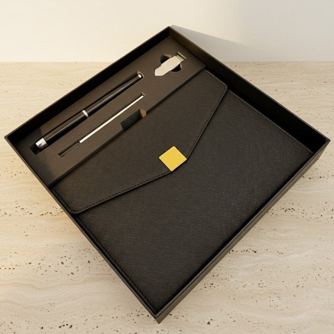 Elegant premium-presentset – A5-anteckningsbok med penna och USB-minne 16GB i ask – svart-guld – EE9