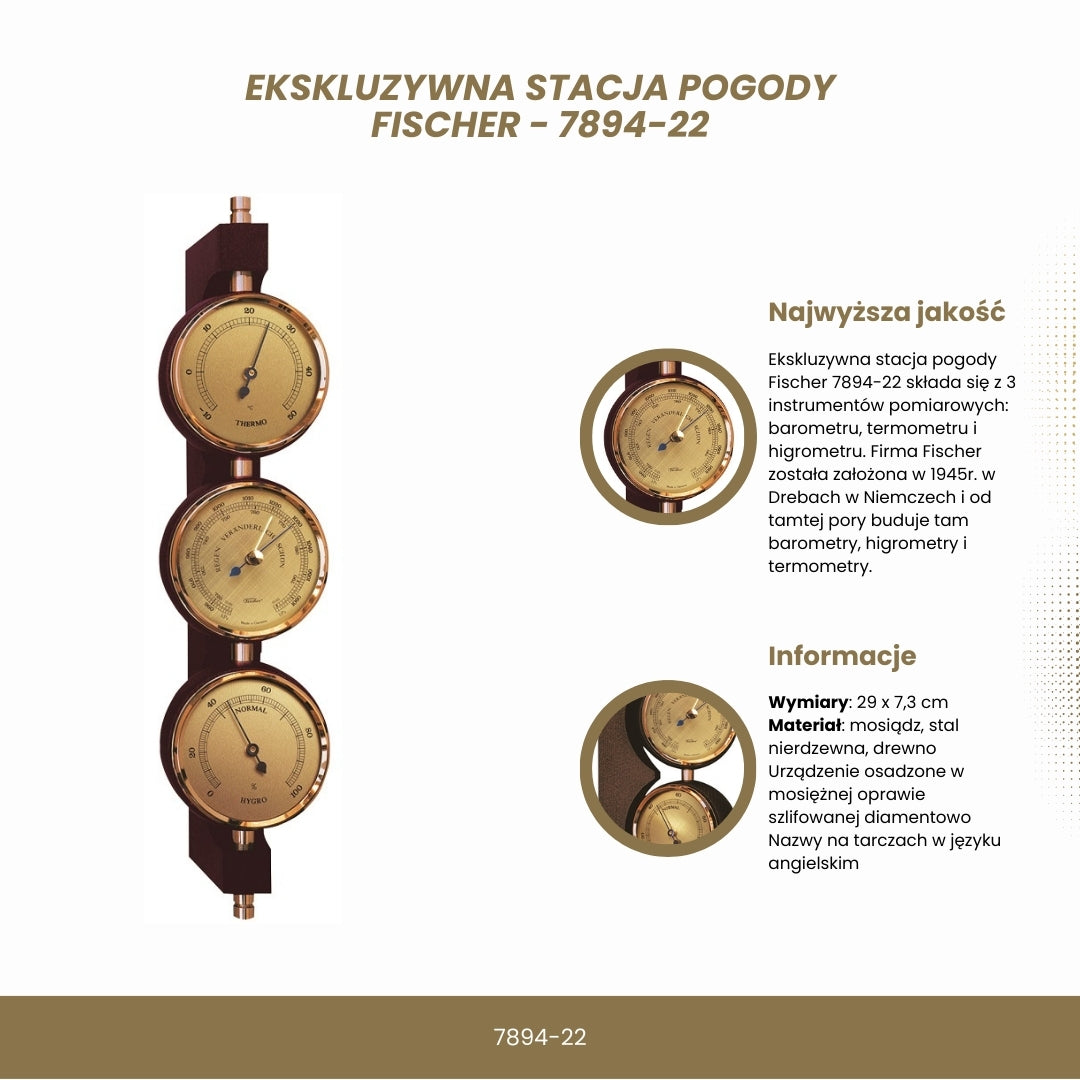 Exklusiv väderstation Fischer - Barometer hygrometer termometer - Mässing mahogny – 7894-22