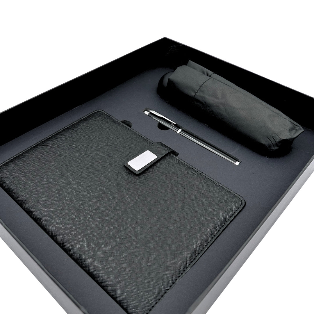 Elegant presentset - anteckningsbok i läder med paraply och penna i presentask - EE12