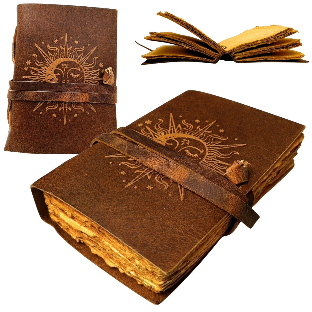 Läderanteckningsbok Vintage 200 sidor - Solen och månen - buffelläder – H038
