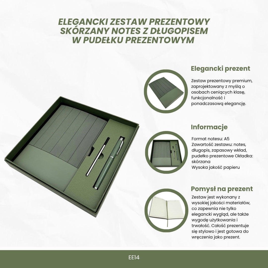 Elegant presentset - anteckningsbok i läder A5 med penna i presentask - olivgrön - EE14