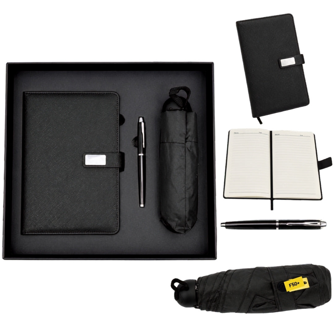 Elegant presentset - anteckningsbok i läder med paraply och penna i presentask - EE12