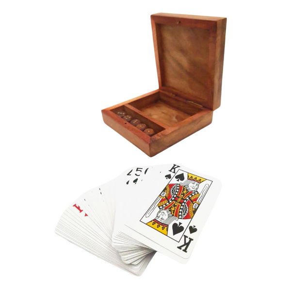 PRODUKTFEL: Elegant spelset - Kortlek och tärningar i trälåda OUTLET- DNU-010AB