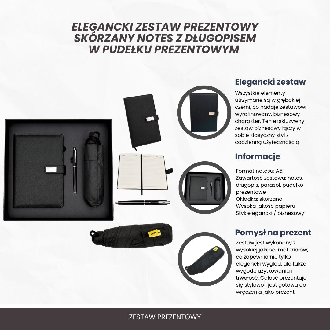 Elegant presentset - anteckningsbok i läder med paraply och penna i presentask - EE12