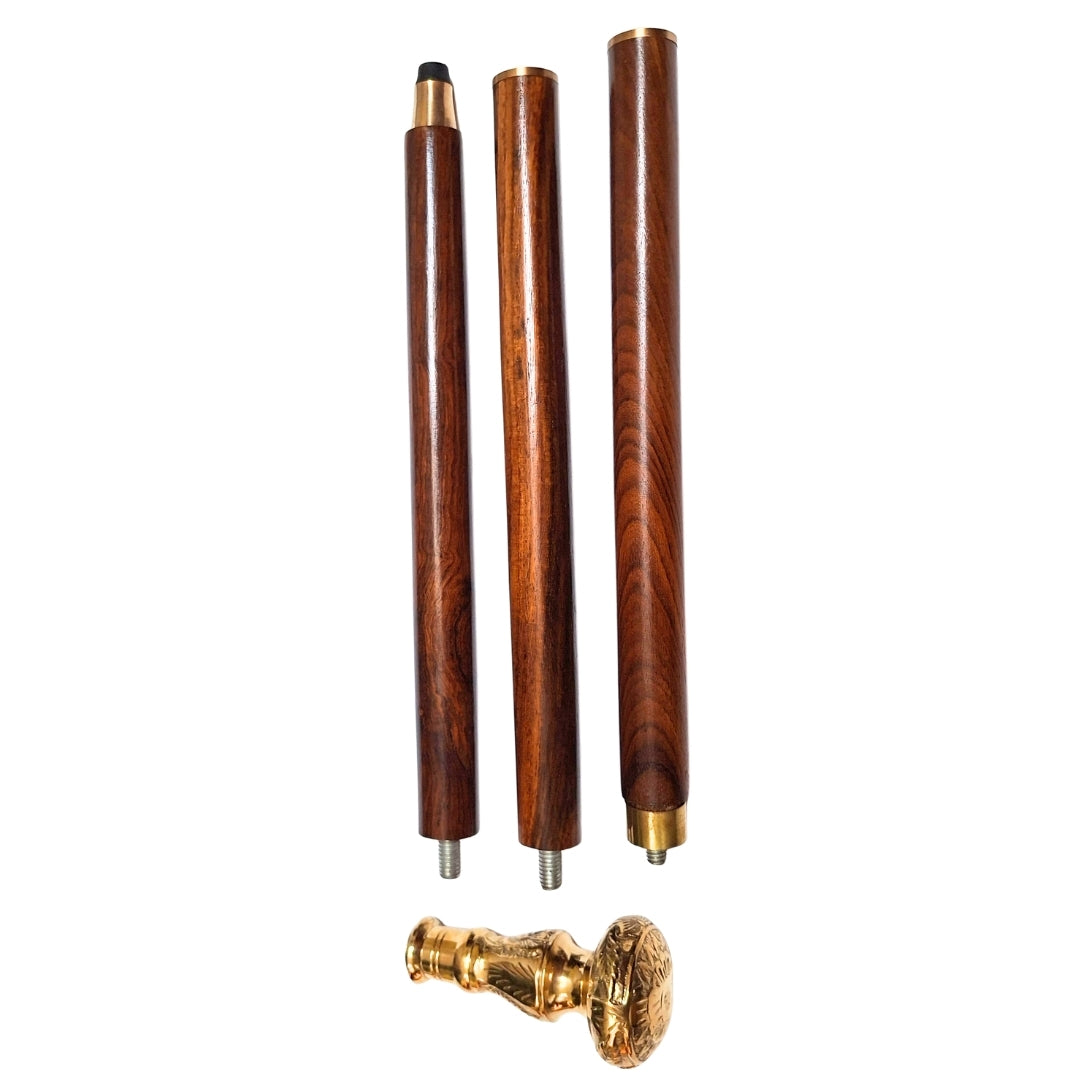 Elegant hopfällbart promenadkäpp med mässingshandtag - brun träkäpp med gravyrmöjlighet - perfekt present till seniorer med retrostil - maxlängd 96 cm
