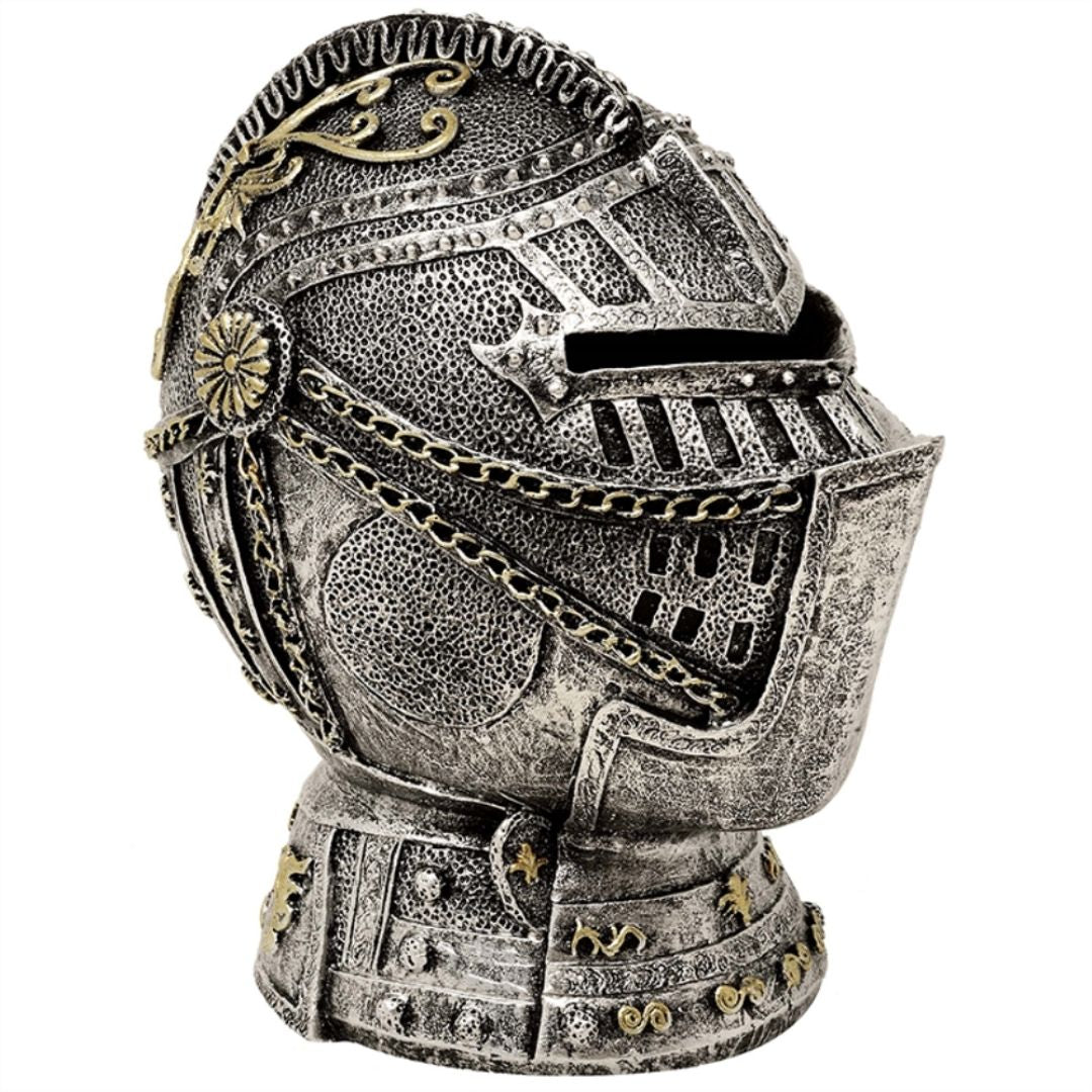 Dekorativ sparbössa i form av en riddarhjälm med gravyr – antiksilver, 13 cm