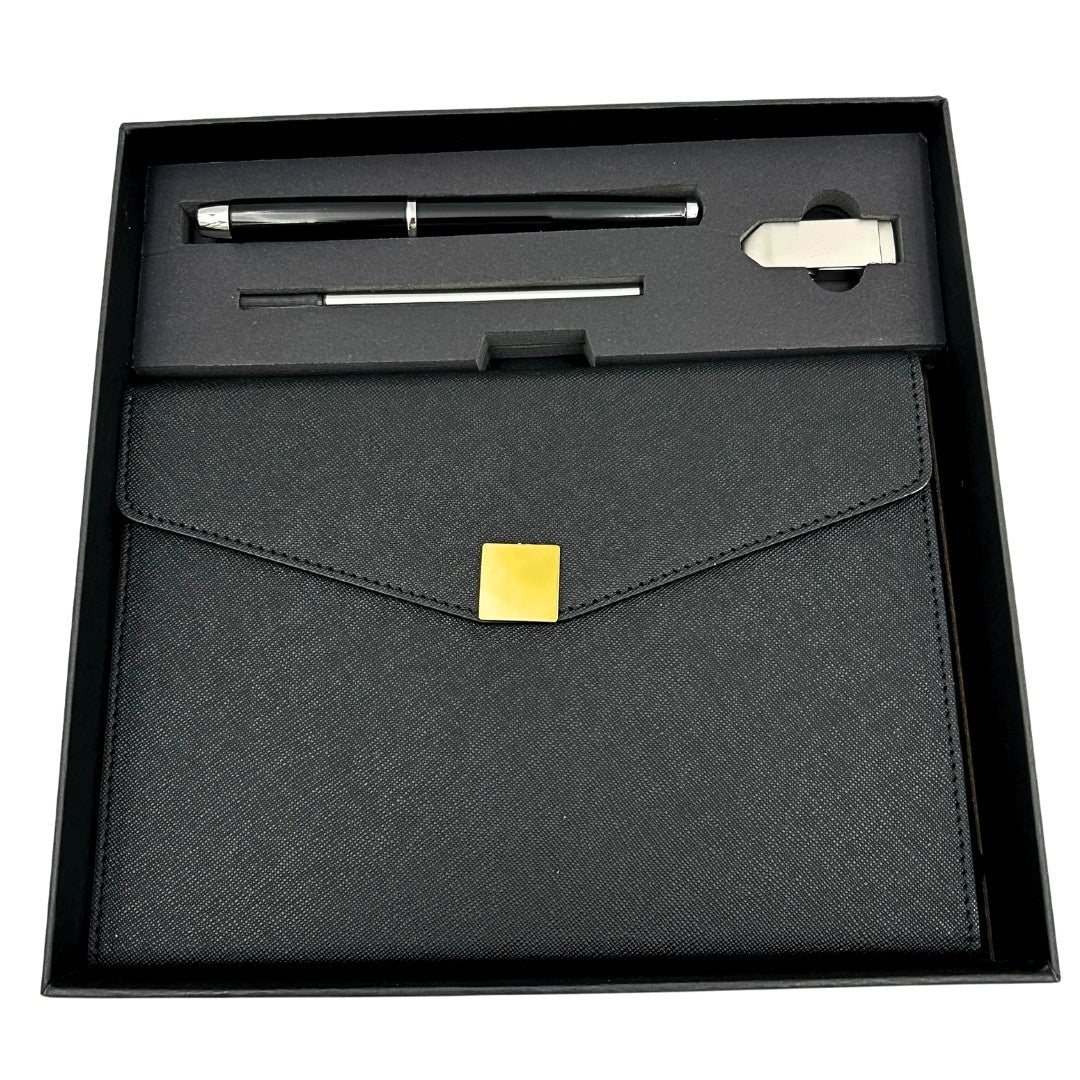 Elegant premium-presentset – A5-anteckningsbok med penna och USB-minne 16GB i ask – svart-guld – EE9
