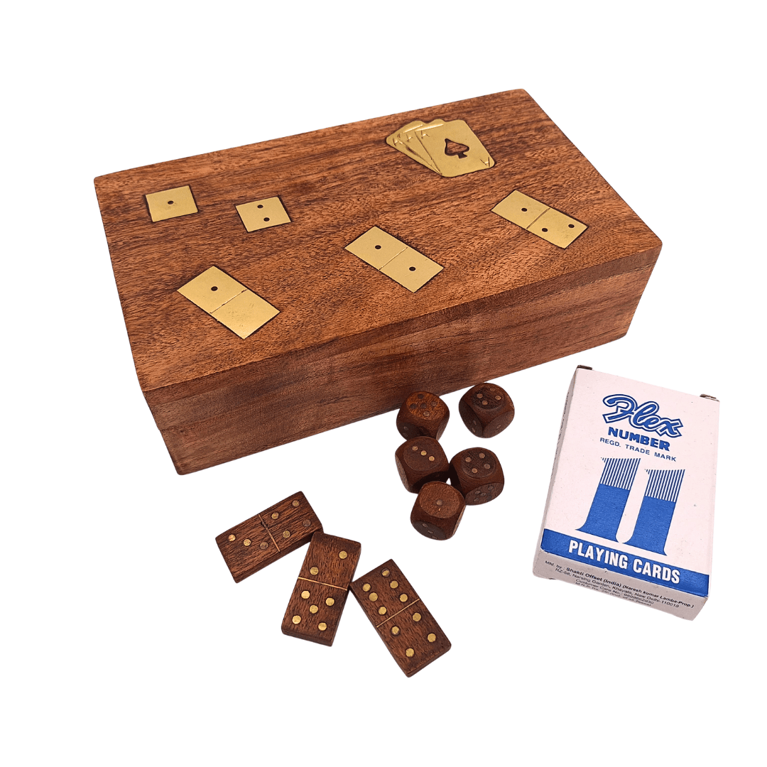 Spelset 3 i 1 i trälåda, kort, domino, tärningar - DNU-011