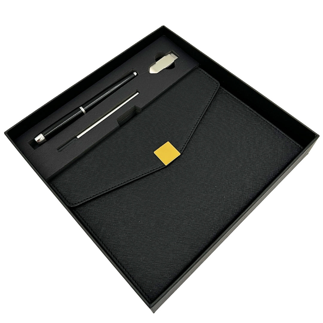 Elegant premium-presentset – A5-anteckningsbok med penna och USB-minne 16GB i ask – svart-guld – EE9