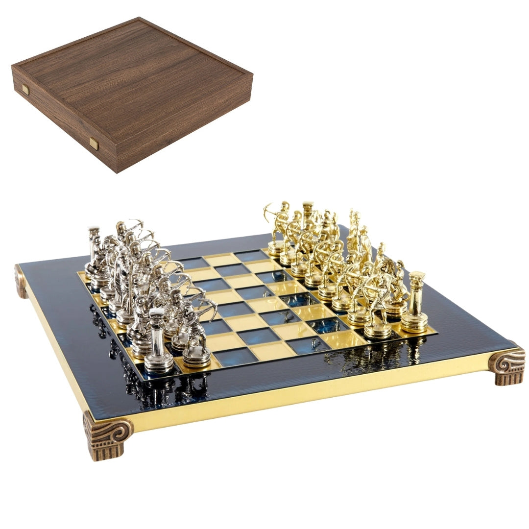 Exklusivt metallschack Archers - Schackbräde 28x28cm - Lyxig present – S15BLU