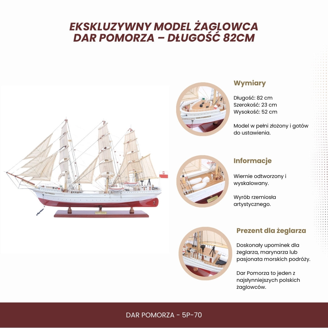 Exklusiv modell av segelfartyget Dar Pomorza 82 cm med möjlighet till personlig gravyr