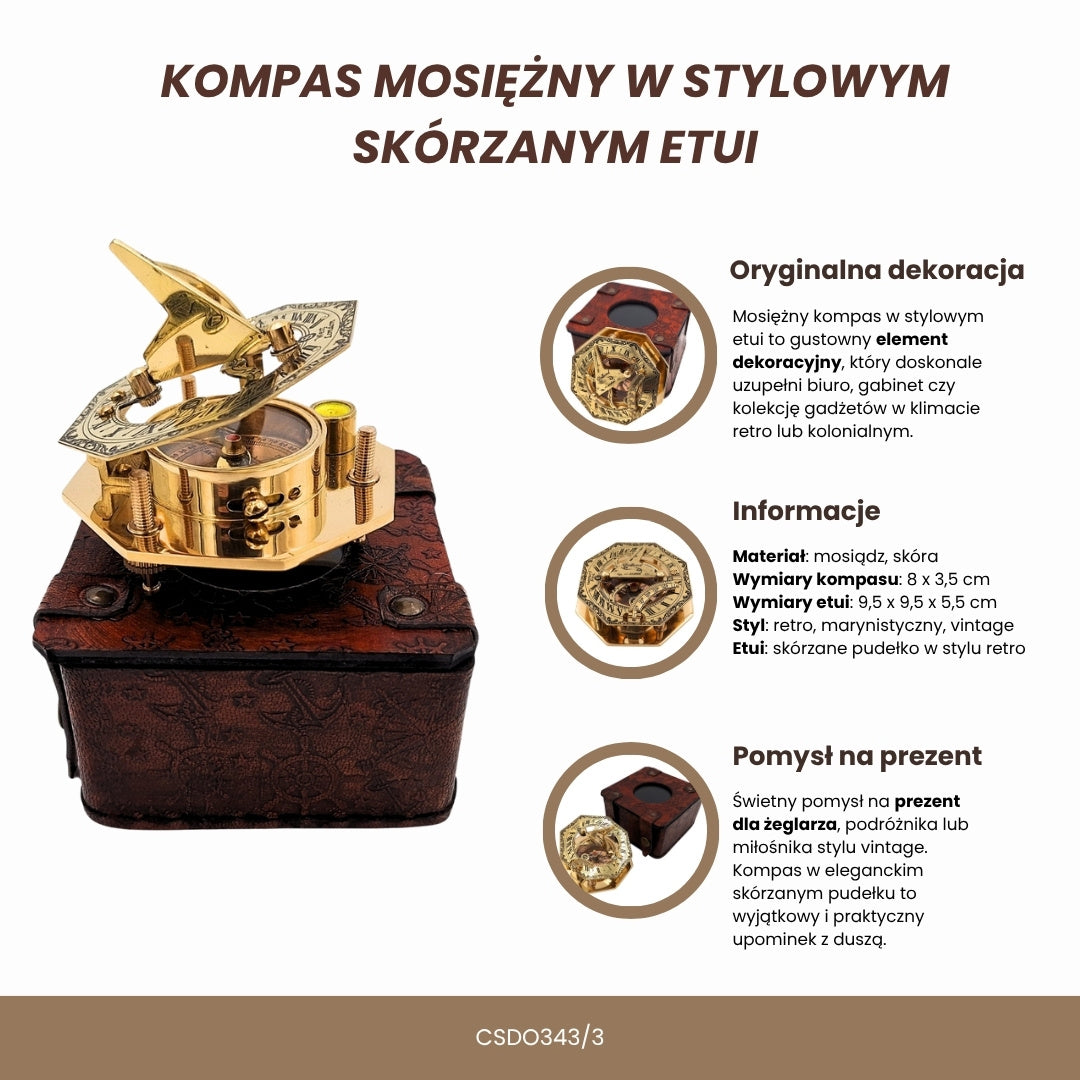 Mässingskompass i stilfull läderask med gravyrmöjlighet – retro vintagepresent för resenärer och seglare - 8 cm hög, elegant mässingsdesign