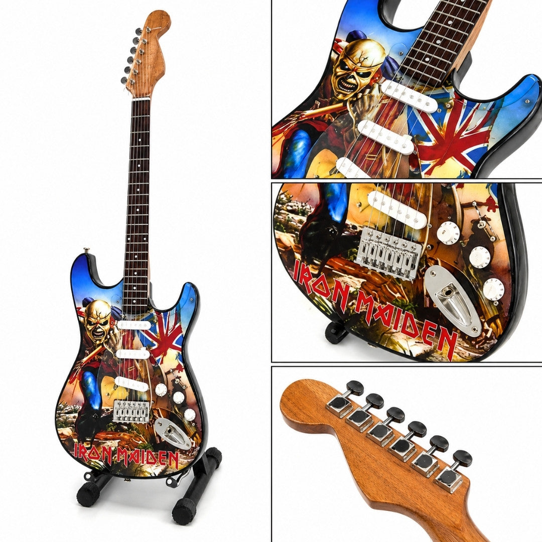Miniatyrdekorgitarr Iron Maiden ”The Trooper” i mahogny – handgjord prydnad för musikfans