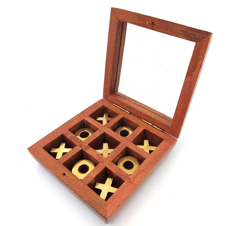 Luffarschack i ask med glaslock G1044Z, med möjlighet till personlig gravyr, elegant strategiskt spel med träbrickor och mässingsdetaljer, perfekt som present till lärare och rektorer, askens mått 10 x 10 cm
