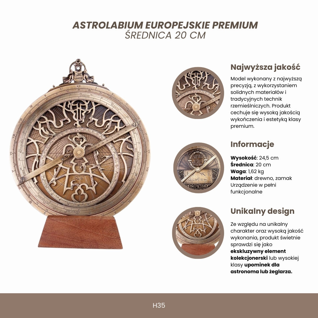 Stort europeiskt astrolabium - diameter 20 cm - premiumgåva för astronom eller seglare - H35