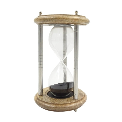 Mässings- och trä-timglas 10 min med gravyr - elegant present i svart färg, höjd 25 cm, tillverkad av metall, glas och mangoträ