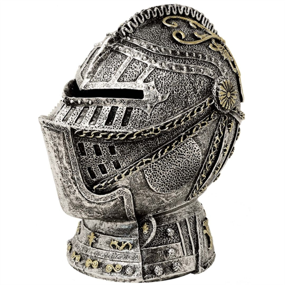 Dekorativ sparbössa i form av en riddarhjälm med gravyr – antiksilver, 13 cm