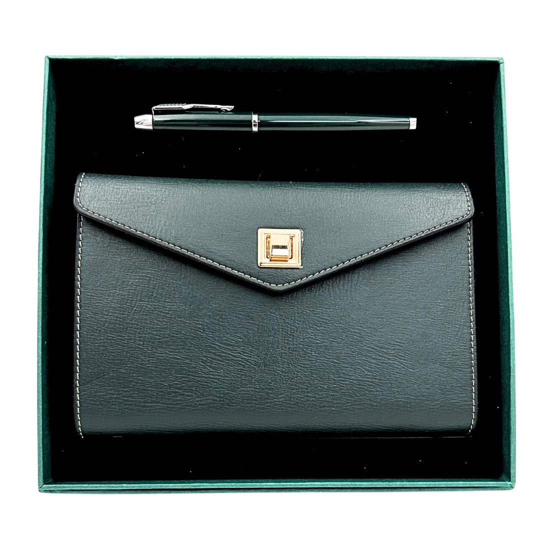 Elegant presentset - läderanteckningsbok med penna i presentask – Premium – EE8