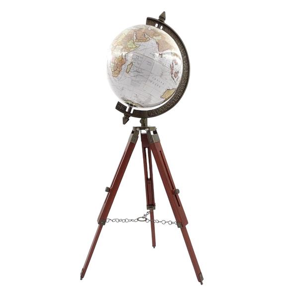 Elegant kolonialglob på trästativ NC2140 med justerbar höjd upp till 78 cm, laminerad karta i vita och bruna nyanser, perfekt som present med möjlighet till personlig gravyr