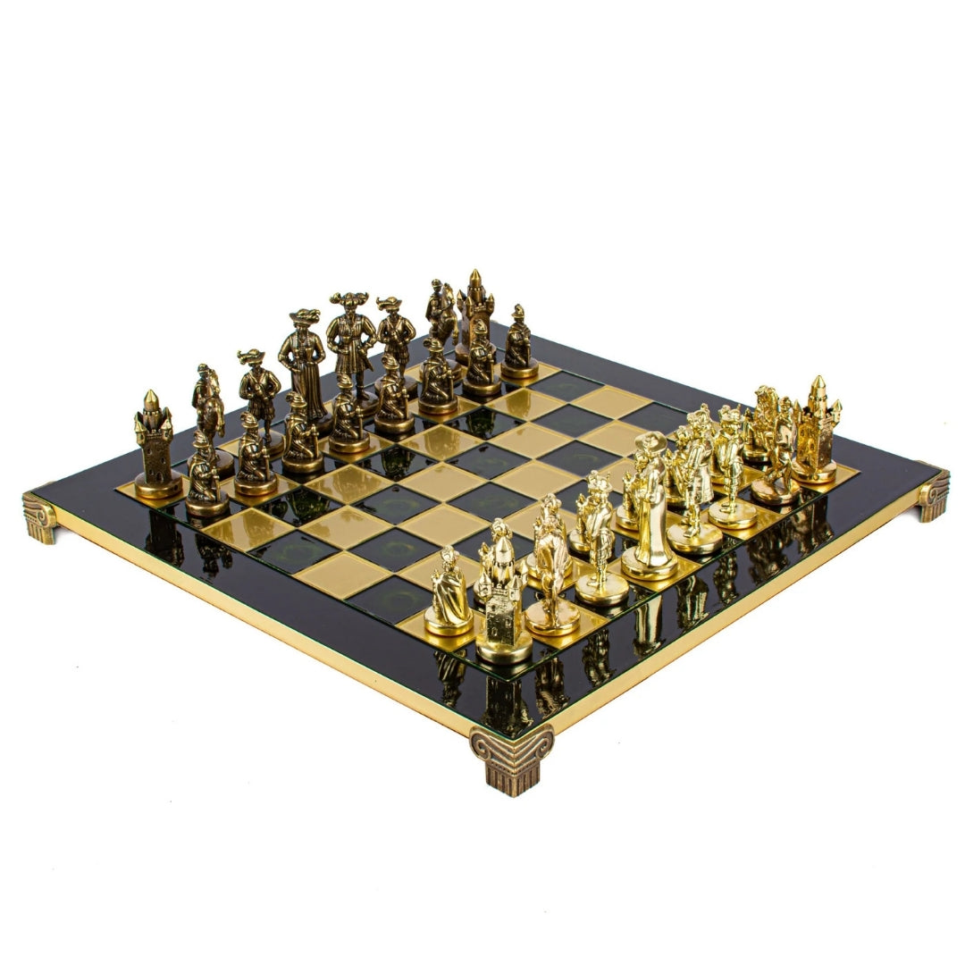 Exklusivt metallschack – Schackbräde i mässing 44 x 44cm – Medeltiden – S12CBLU