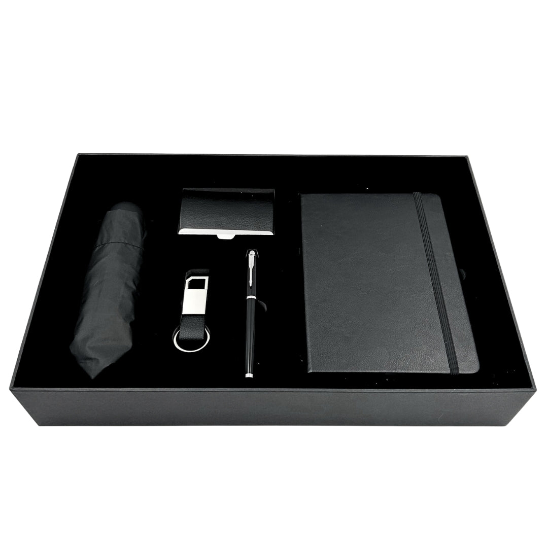 Elegant affärspresentset Premium - anteckningsbok i läder, paraply, visitkortshållare, penna, nyckelring - EE15