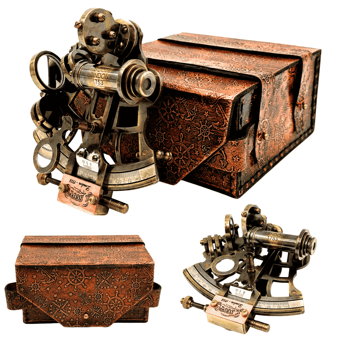 Mässingssekstant i retrostil i läderfodral - elegant navigationsinstrument med gravyrmöjlighet - perfekt present för seglings- och historieälskare - mått 13x12x7 cm