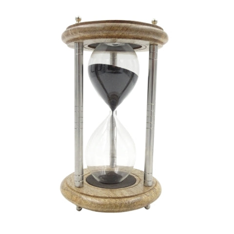 Mässings- och trä-timglas 10 min med gravyr - elegant present i svart färg, höjd 25 cm, tillverkad av metall, glas och mangoträ