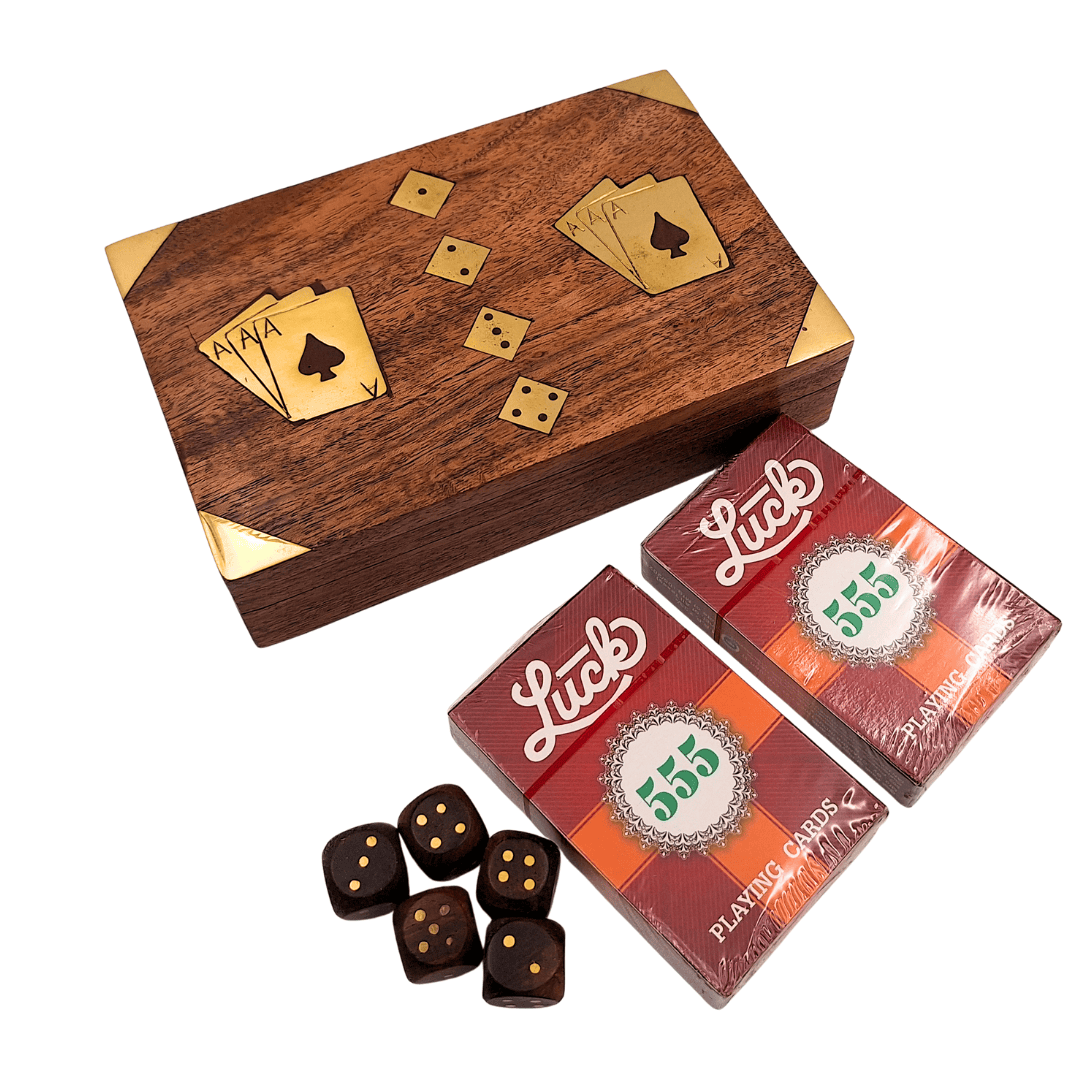 Spelset - Två kortlekar och tärningar i trälåda – Elegant present till spelare – DNU-008