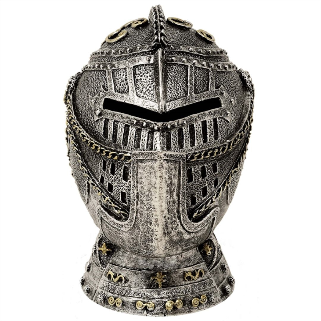 Dekorativ sparbössa i form av en riddarhjälm med gravyr – antiksilver, 13 cm