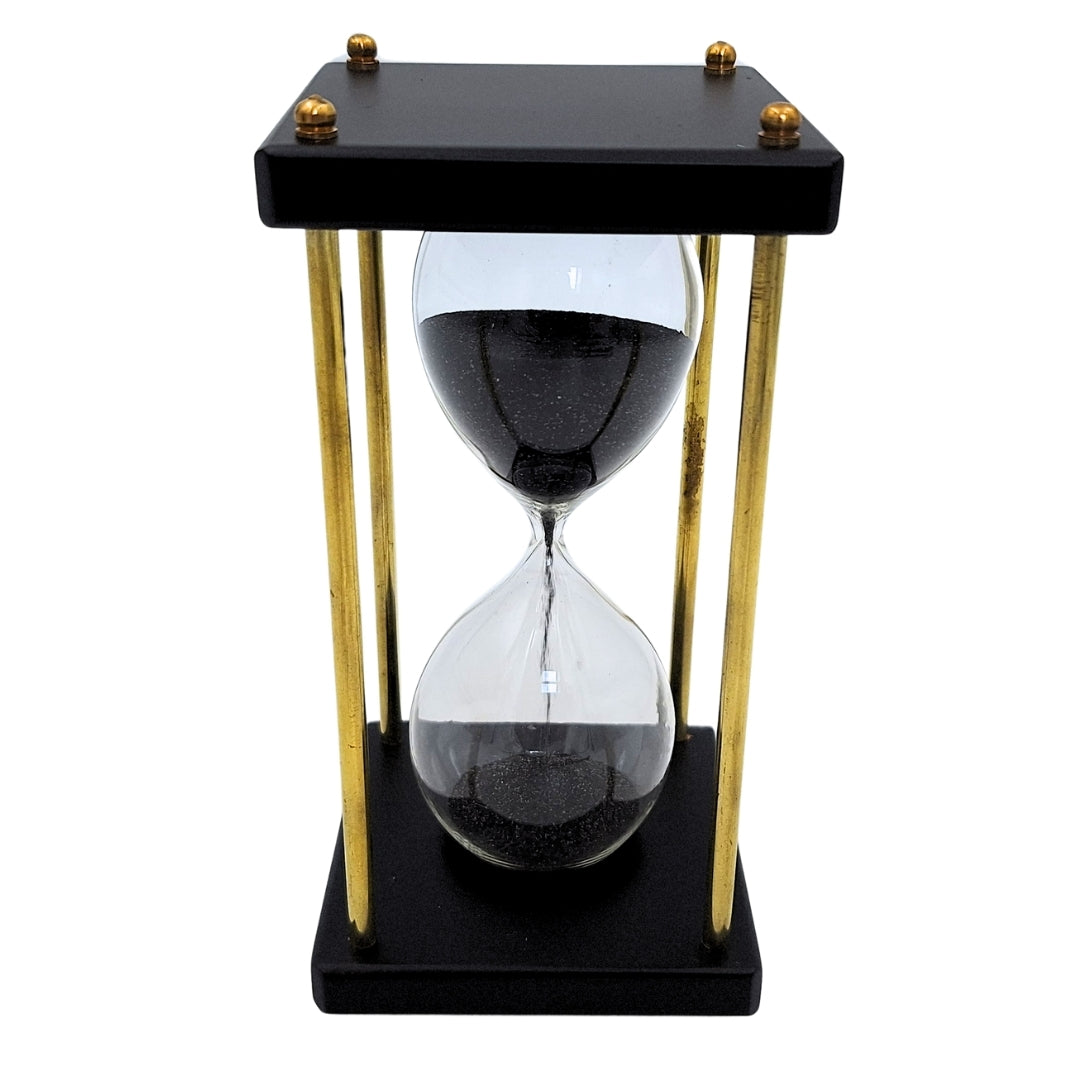 Timglas i mässing och trä 5 minuter – svart sand – elegant retrodekoration - STRS