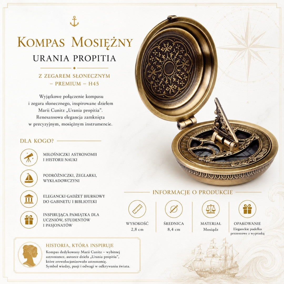 Urania Propitia-kompass i mässing med solur – premium – H45