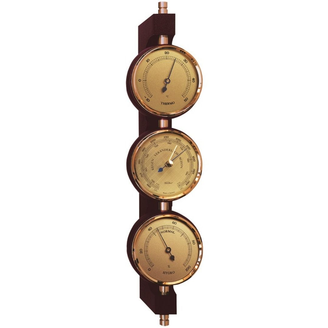 Exklusiv väderstation Fischer - Barometer hygrometer termometer - Mässing mahogny – 7894-22
