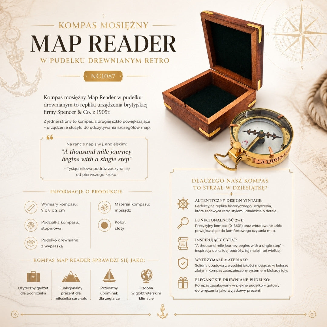 Mässingskompass Map Reader i retro trälåda - NC1087