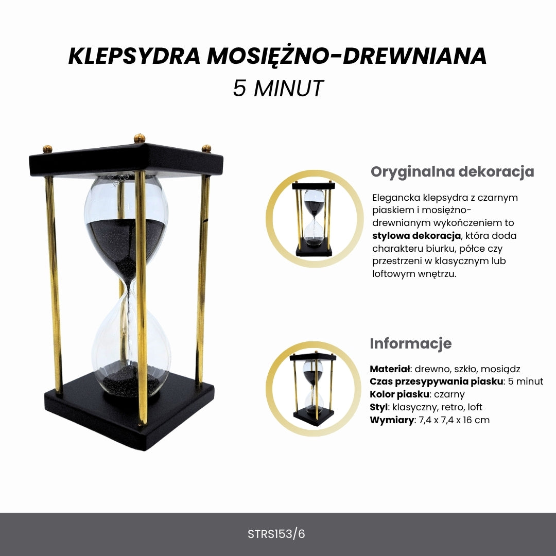 Timglas i mässing och trä 5 minuter – svart sand – elegant retrodekoration - STRS
