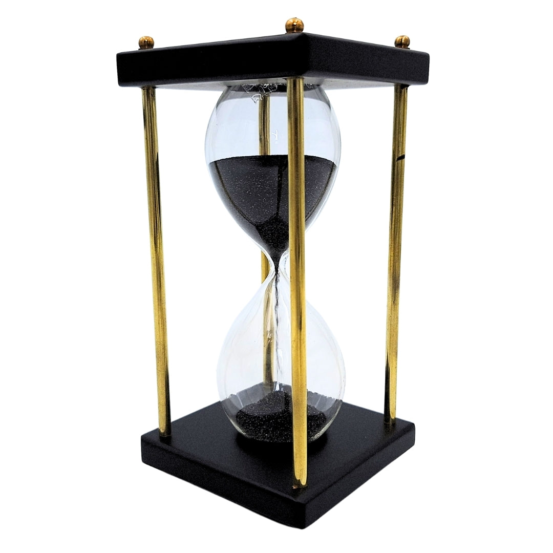 Timglas i mässing och trä 5 minuter – svart sand – elegant retrodekoration - STRS