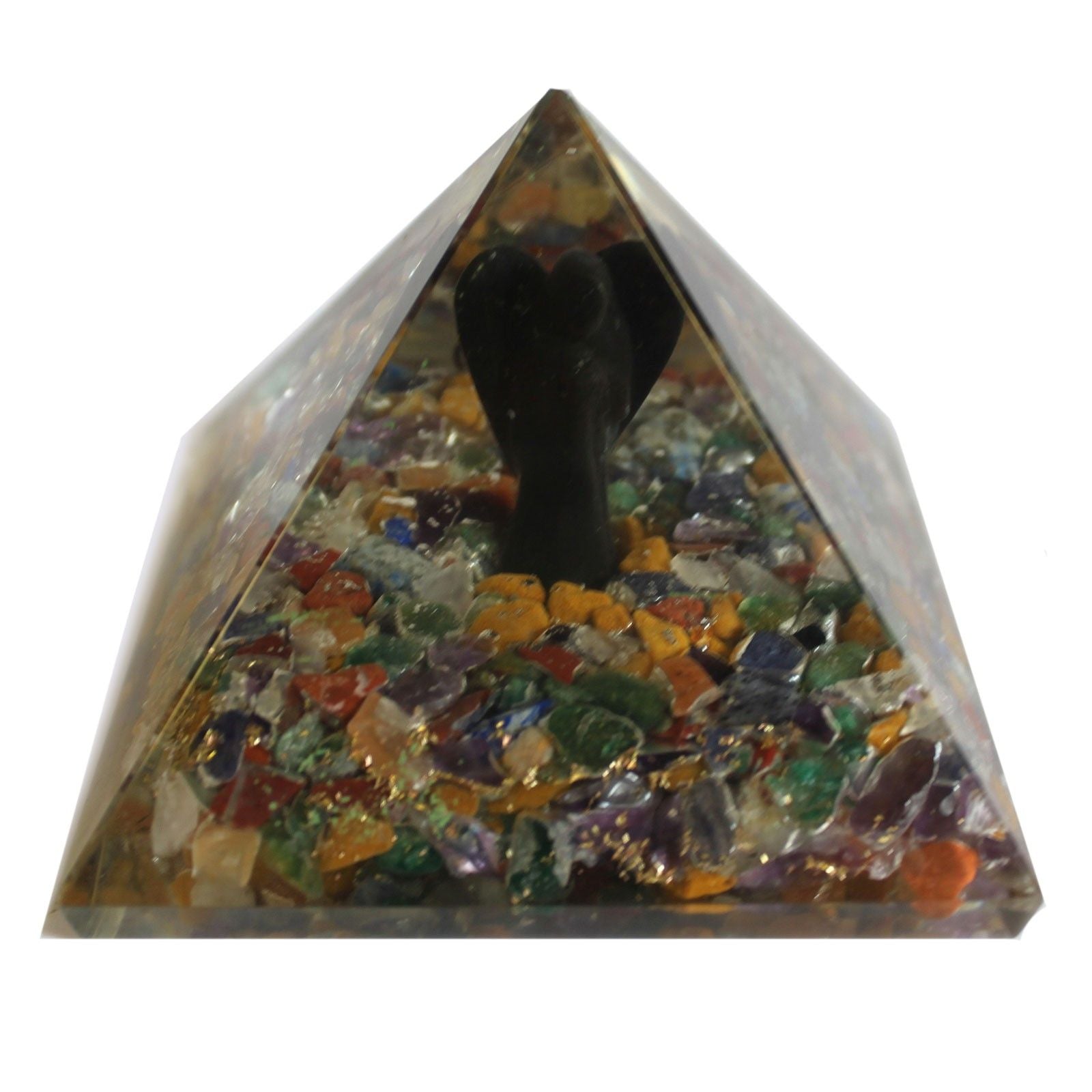 Magisk orgonitpyramid 70 mm - ängel med esoteriska föremål, grönaktigt inre och handgjord finish