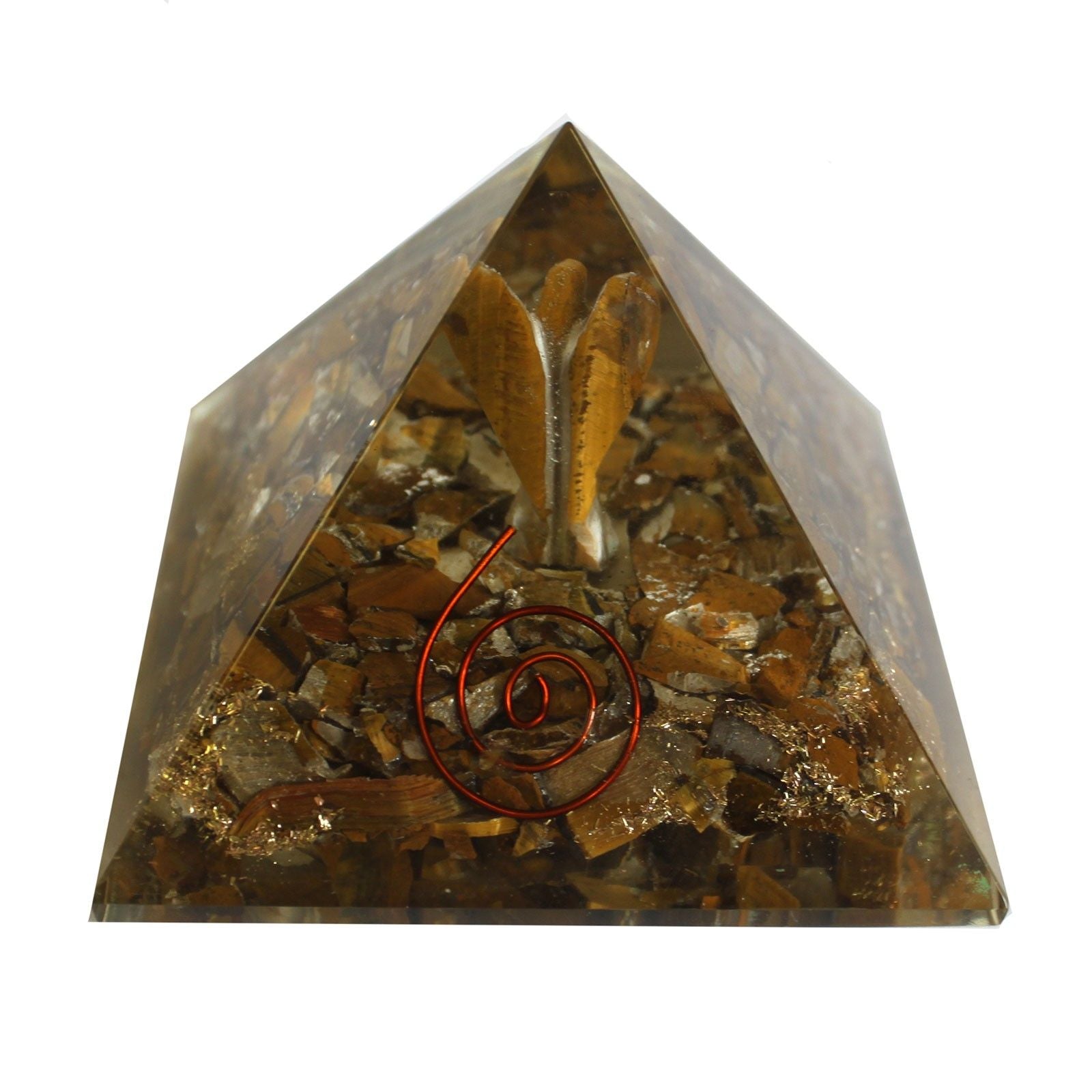 Magisk orgonitpyramid 70 mm - ängel med esoteriska föremål, grönaktigt inre och handgjord finish