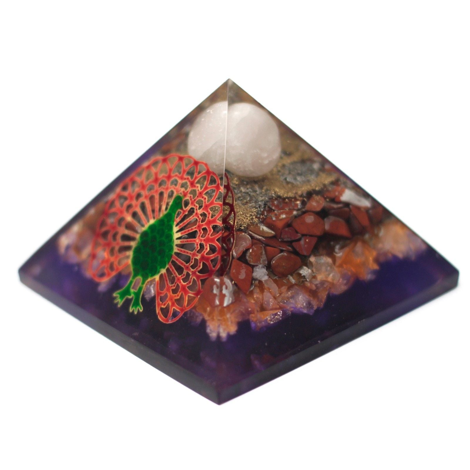 Orgonitpyramid 70 mm - påfågel i flerfärgad design med ädelstenar och koppar