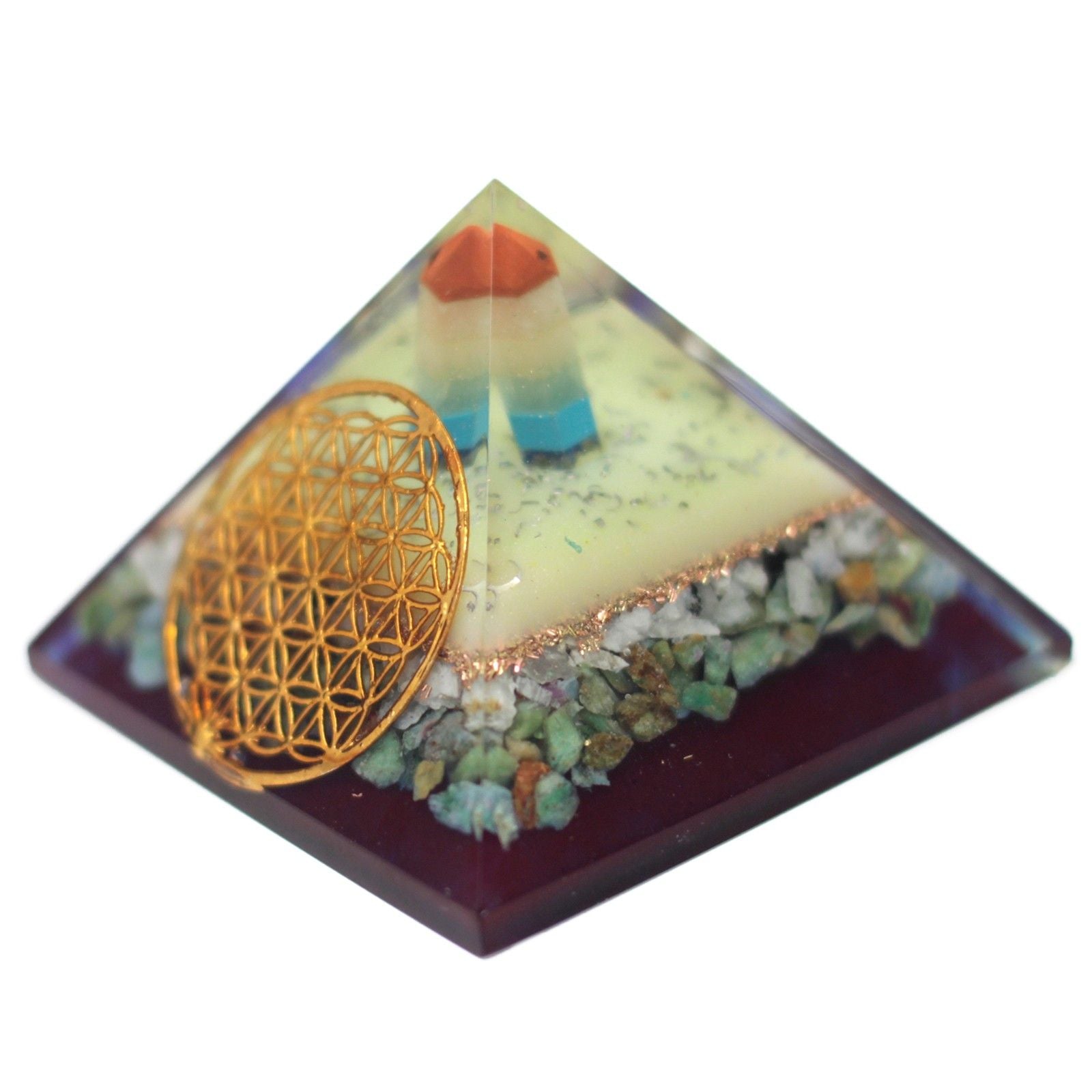 Stor orgonitpyramid 70 mm med livets blommasymbol