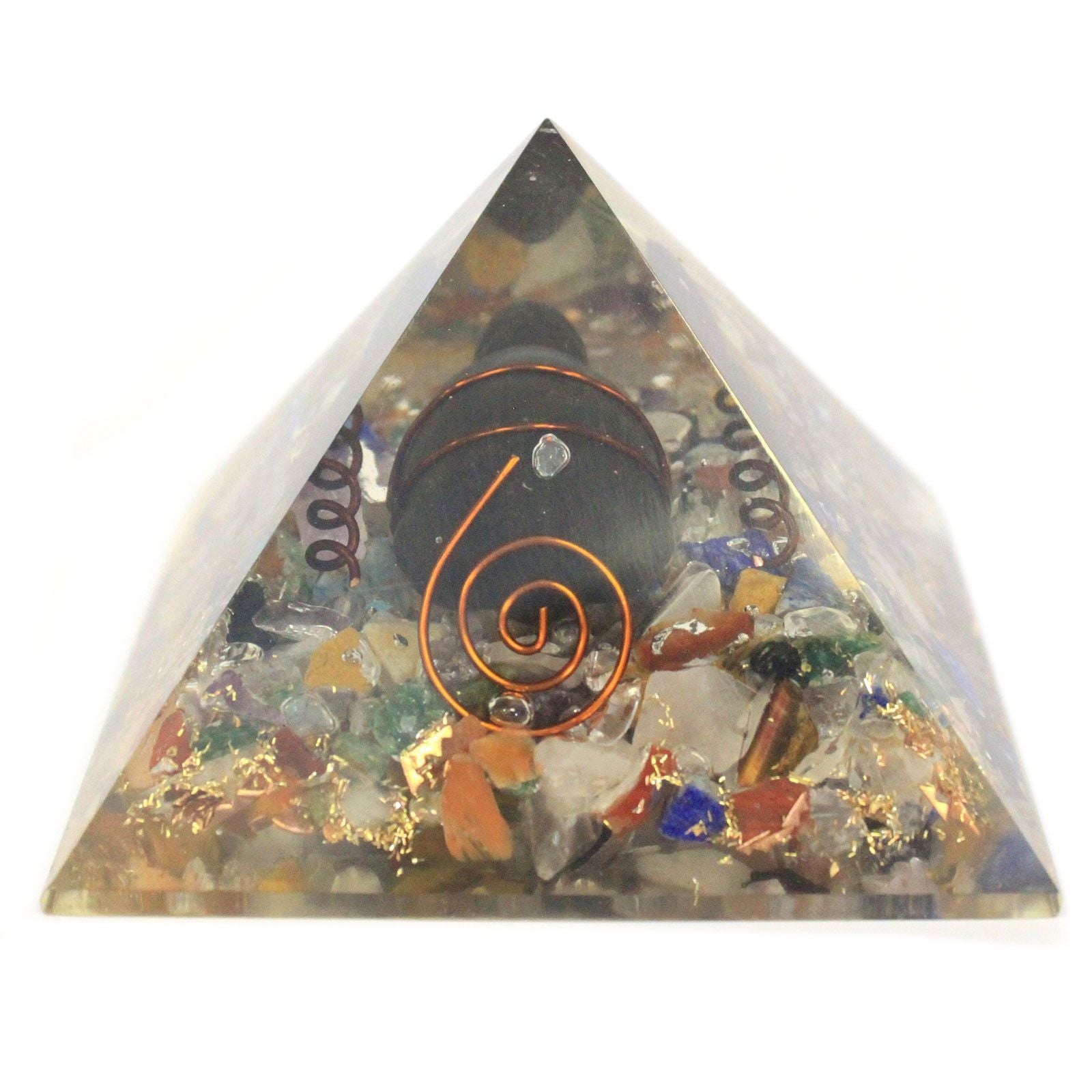 Medelstor orgonitpyramid 60 mm med ädelstensflisor, koppar och sköldpadda