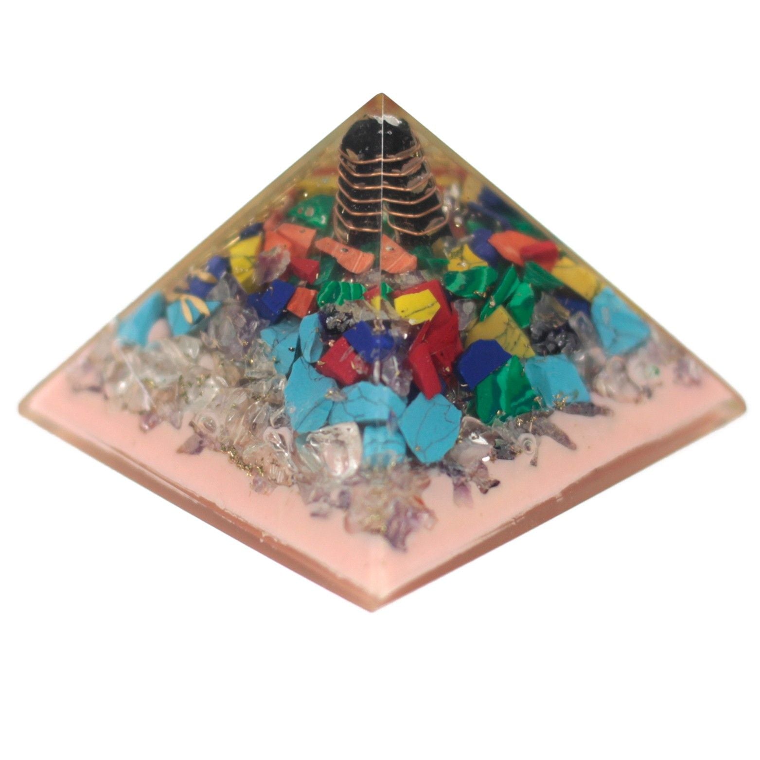 Orgonitpyramid 70 mm - träd av ädelstenar, koppar och metallinsatser
